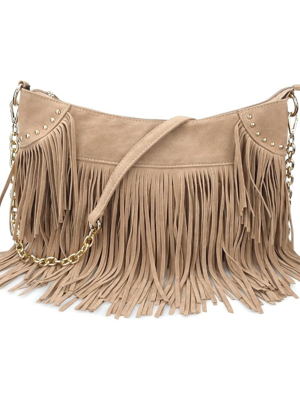 Studded Tassel Faux Suede Leather Hobo Cross Body Chain Shoulder Bag Women’s Sat